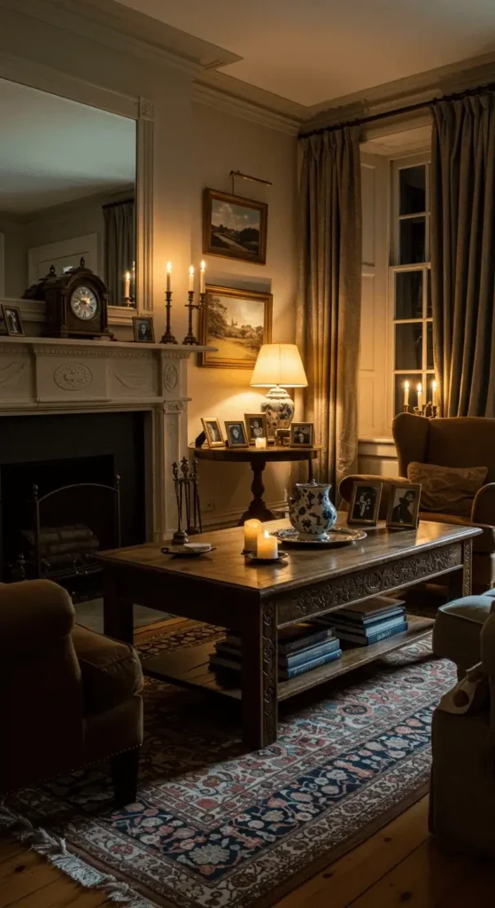 A Traditional Living Room With Candles Lit On A Mantelpiece