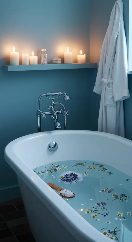 A Tranquil Bathroom With Soft Blue Walls