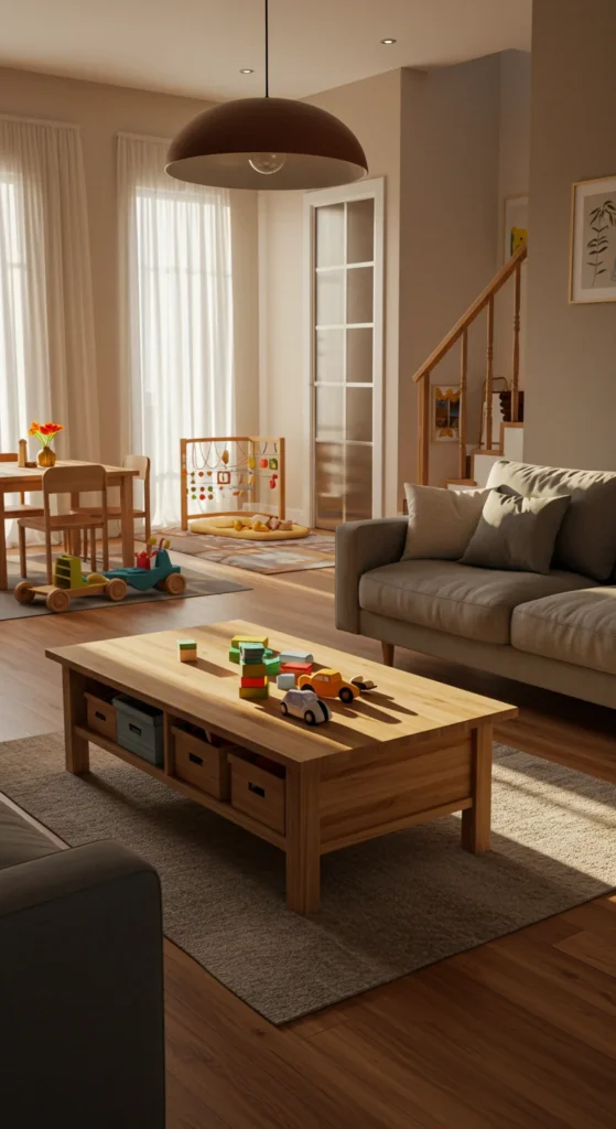 A Warm, Family-friendly Modern Living Room With A Soft Gray Sectional