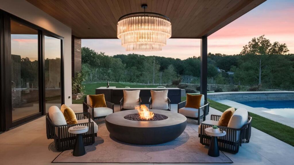 Contemporary Patio With A Statement Outdoor Chandelier