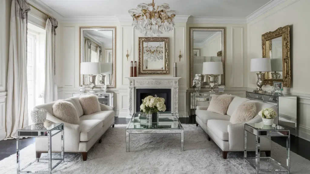 Living Room Mirrored Furniture, Soft White Walls