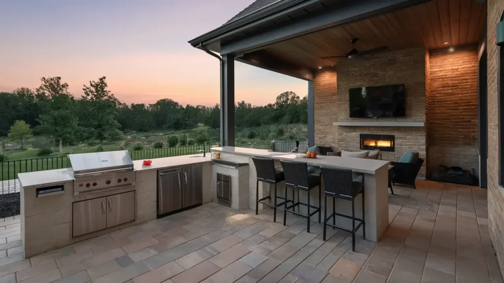 Luxury Patio With A Built-in Outdoor Kitchen, Stainless Steel Appliances