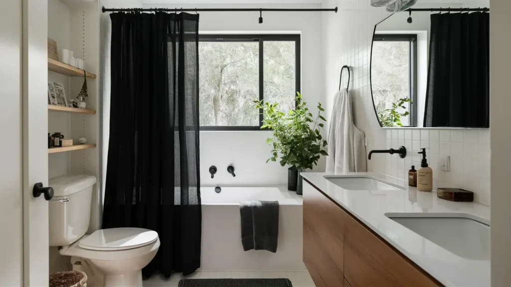 Minimalist Budget Bathroom Update With A Sleek Black Shower Curtain