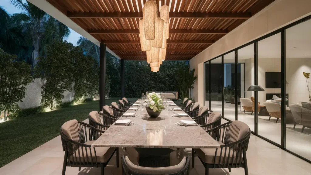 Sophisticated Outdoor Dining Area Featuring A Long Marble Table