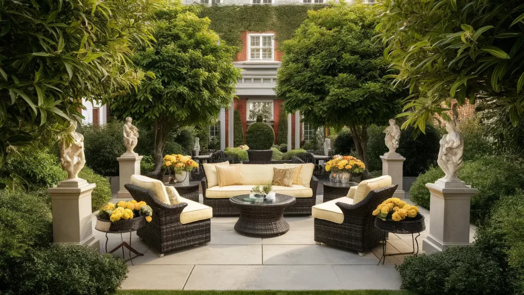 Upscale Garden Patio With Luxurious Wicker Furniture,