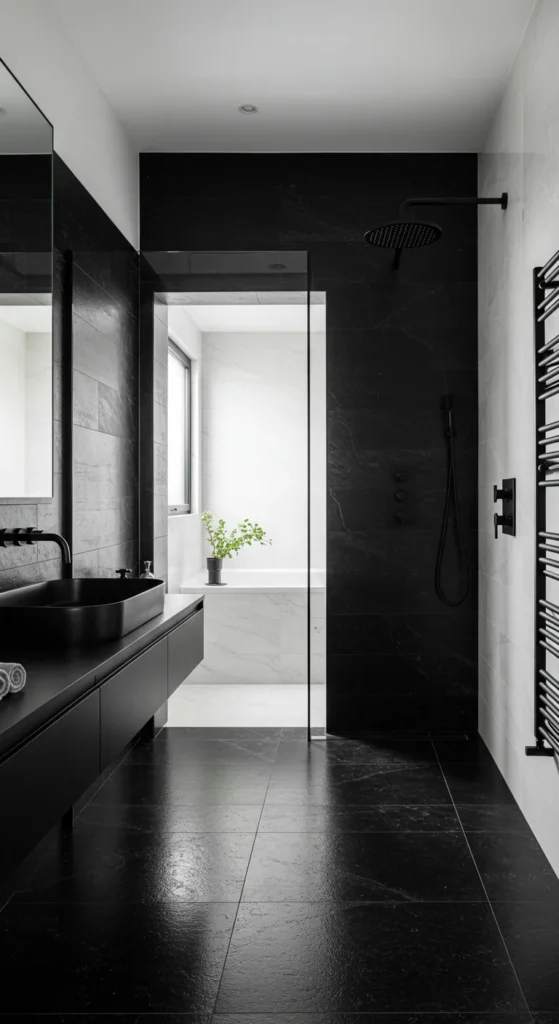 Bathroom With Black And White Decor, Matte Black Faucets