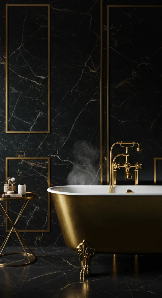 Bathroom With Black Marble, Gold Accents