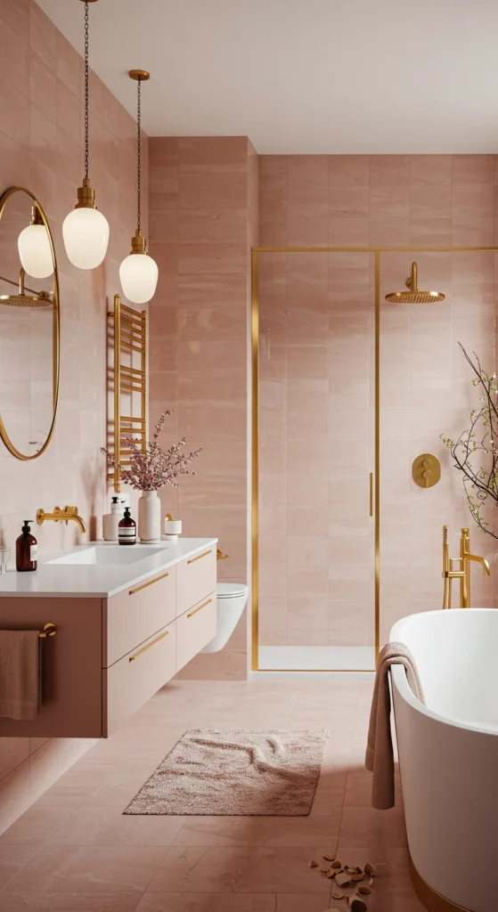 Bathroom With Blush Pink Tiles, Gold Hardware