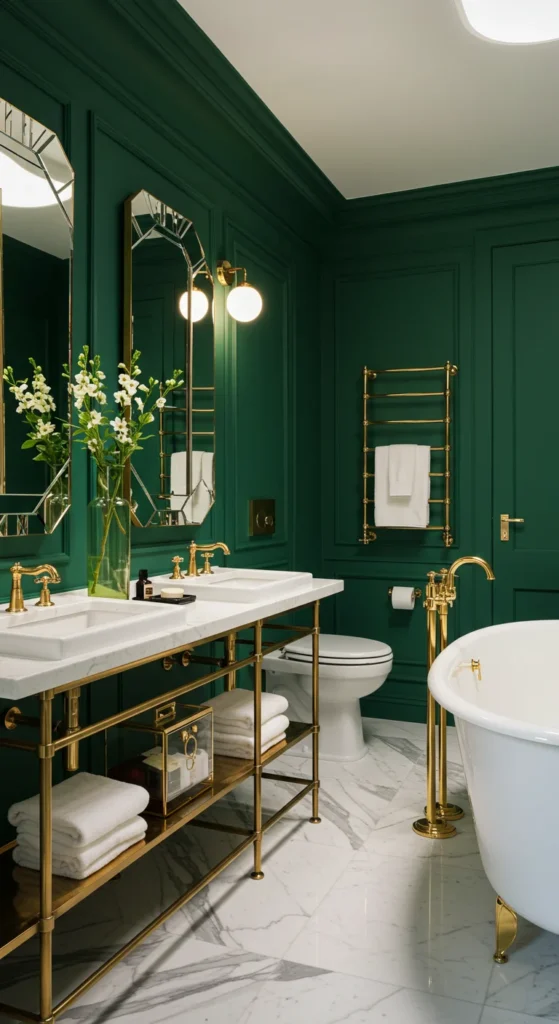 Bathroom With Emerald Green Walls, Art Deco Mirrors