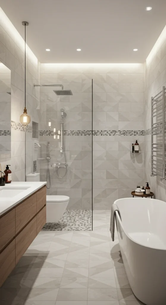 Bathroom With Geometric Tiles, A Walk-in Shower