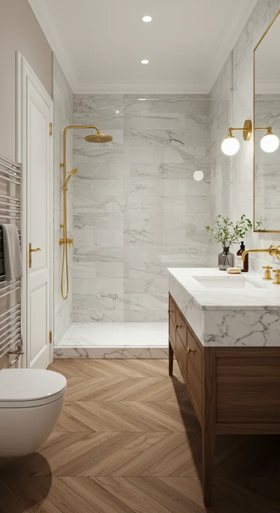 Bathroom With Herringbone Wood Floors, A Marble Vanity