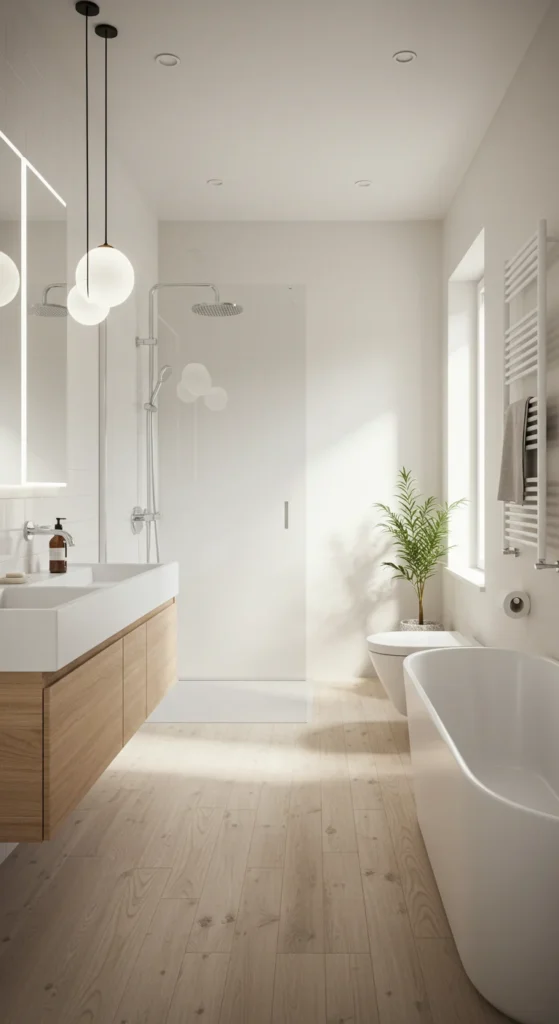 Bathroom With Light Wood, White Fixtures