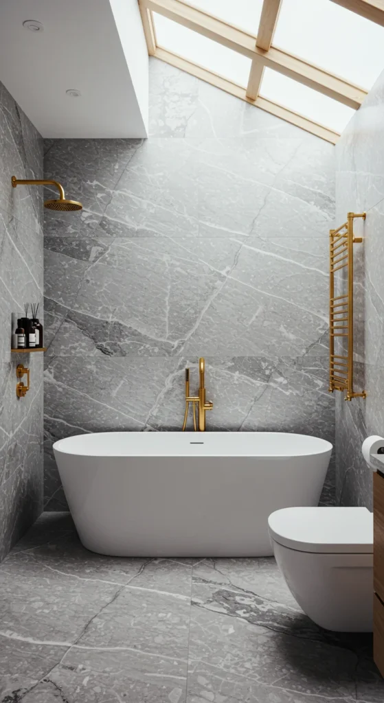 Bathroom With Marble Walls, A Freestanding Soaking Tub