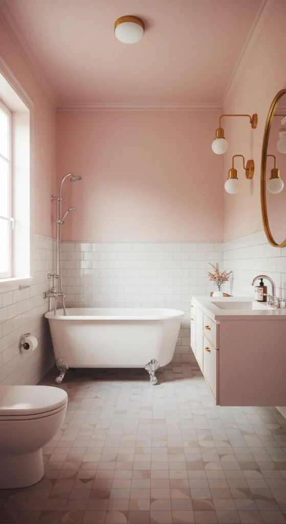 Bathroom With Pastel Pink Walls, Subway Tiles