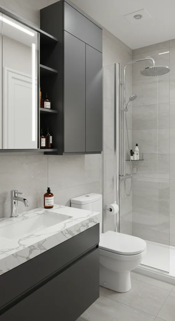 Bathroom With Smart Storage, A Corner Shower