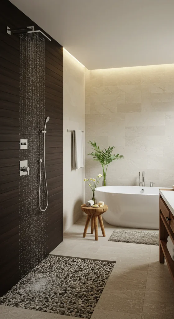 Bathroom With Wooden Elements, A Rainfall Shower