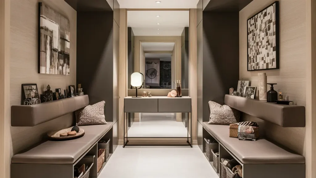 Hallway With Built-in Storage Benches Under A Sleek Console