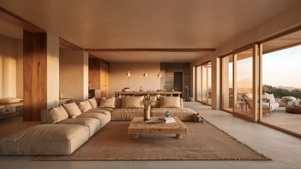 Living Room Features A Harmonious Blend Of Natural Wood Accents