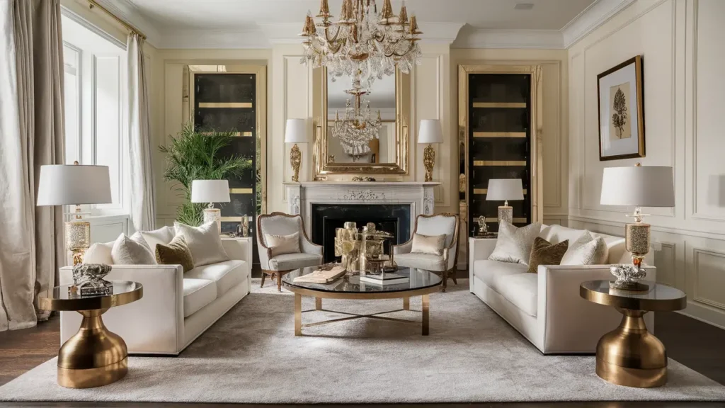 Living Room Featuring A White And Gold Color Palette