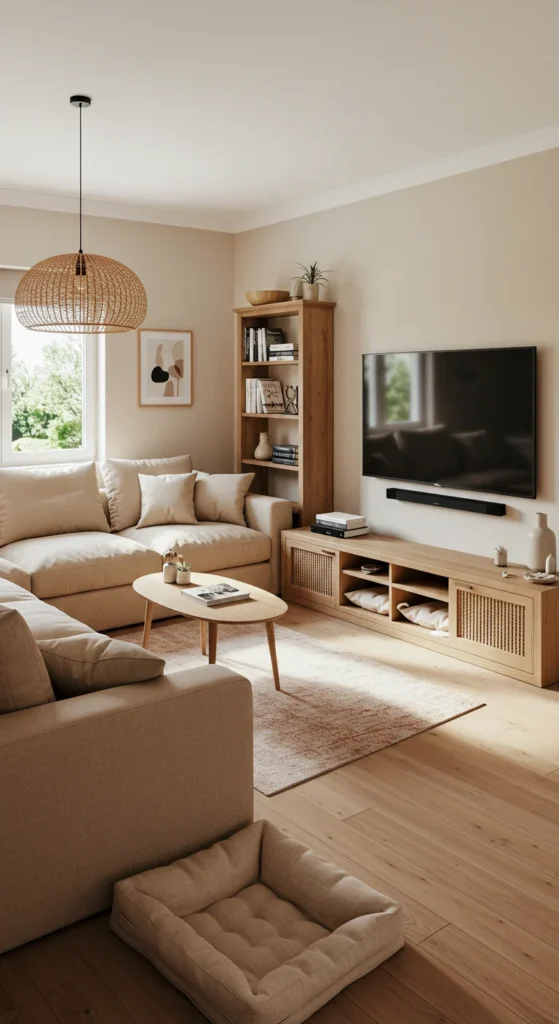 Living Room With A Large U-shaped Couch, A Big Tv