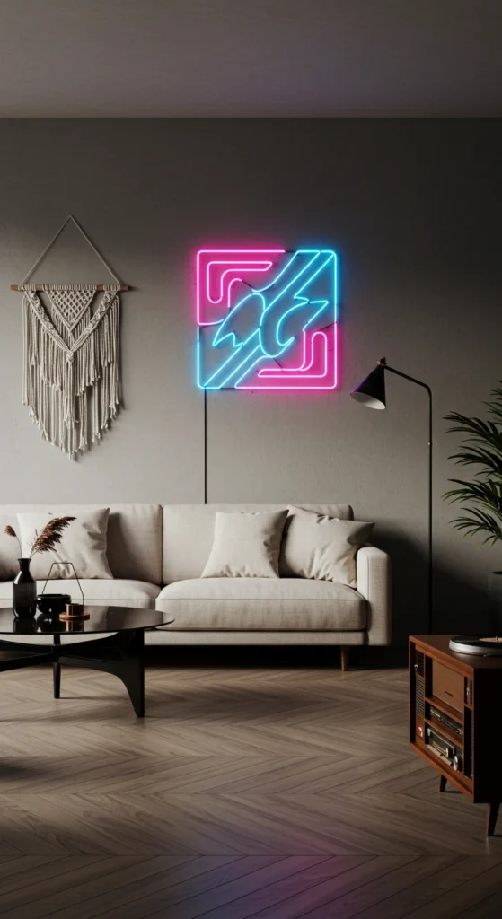 Living Room With A Neutral Couch, Vibrant Neon Artwork