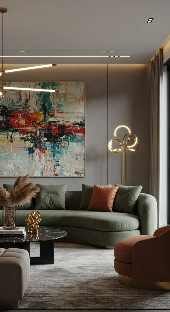 Living Room With An Oversized Abstract Painting, A Statement Curved Sofa