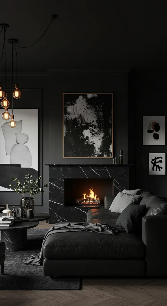 Living Room With Deep Charcoal Walls, A Dark Leather Sectional