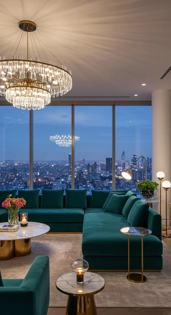 Living Room With Floor-to-ceiling Windows, An L-shaped Velvet Sofa