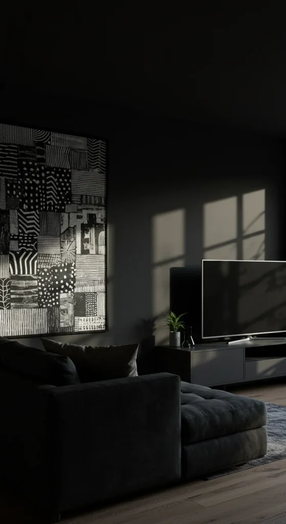 Living Room With Matte Black Walls, A Dark Gray Couch