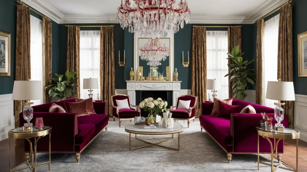 Living Room With Velvet Sofas In Deep Jewel Tones