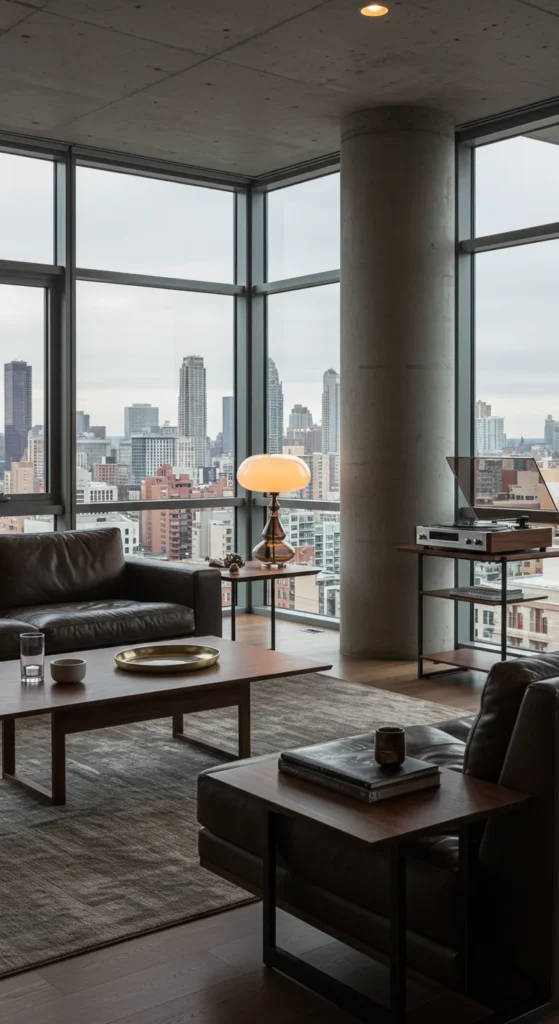 Living Room With Walnut Wood Furniture, A Sleek Leather Sofa