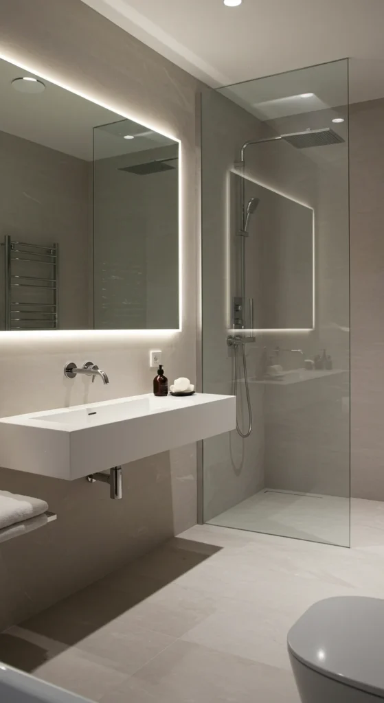 Minimalist Bathroom With Floating Vanities, Led Lighting