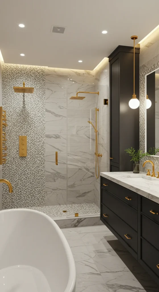 Modern Bathroom With Clawfoot Tub, Sleek Brass