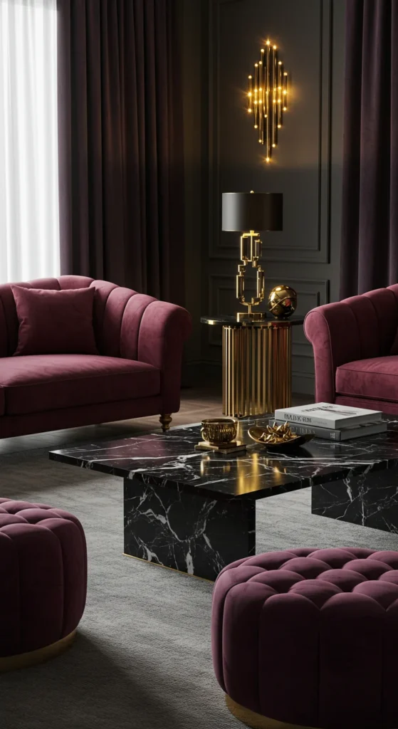 Modern Living Room With Jewel-toned Furniture, Brass Accents