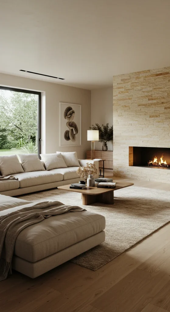 Open-plan Family Room With A Fireplace, Neutral-toned Furniture