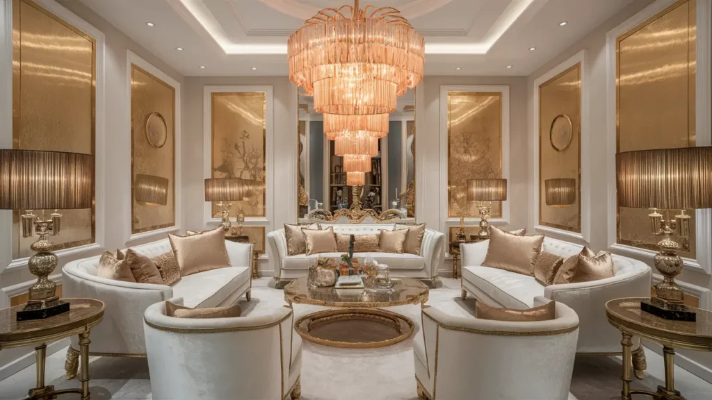 Opulent Living Room Design With A Luxurious White And Gold Color