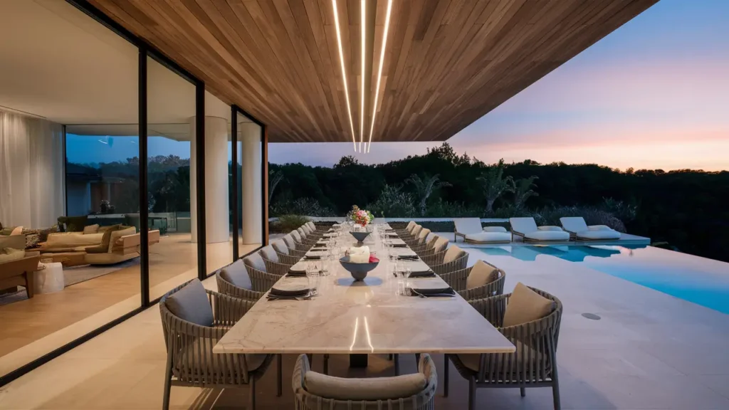 Outdoor Dining Area Featuring A Long Marble Table