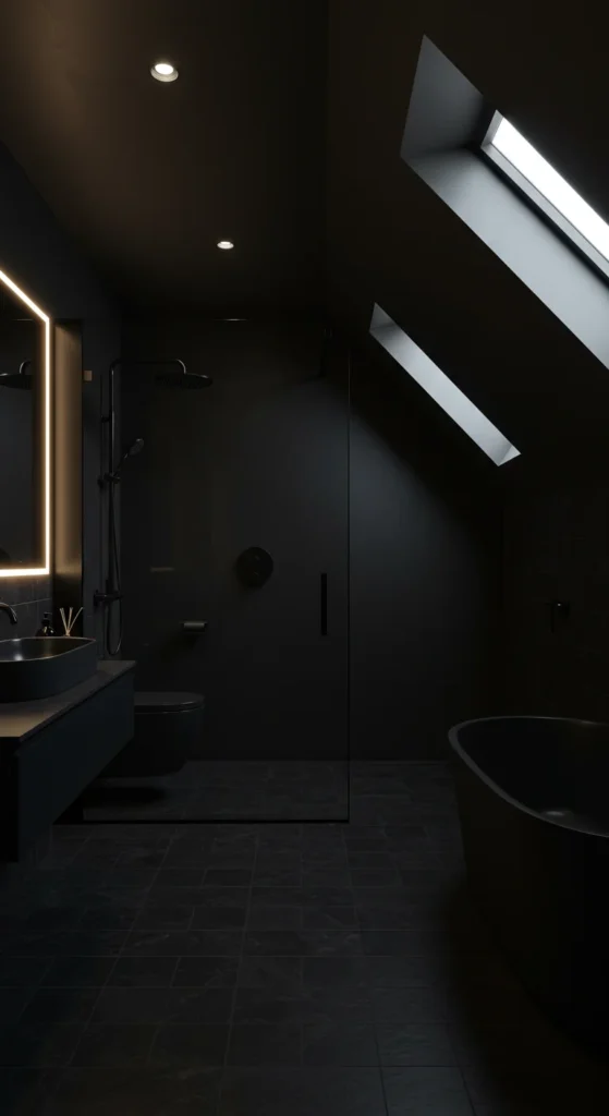 A Modern Black Bathroom With Minimalist Design