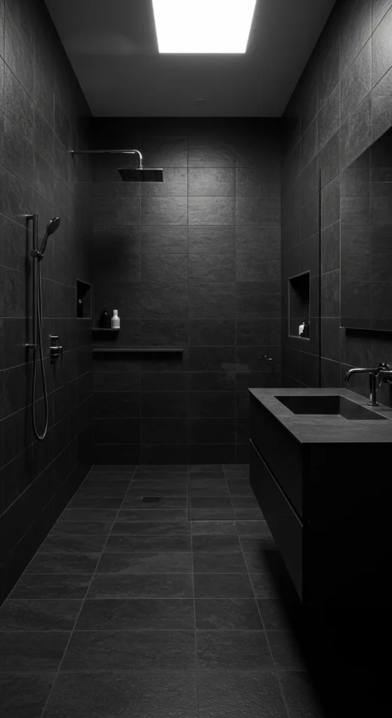 Black Bathroom With A Walk-in Shower