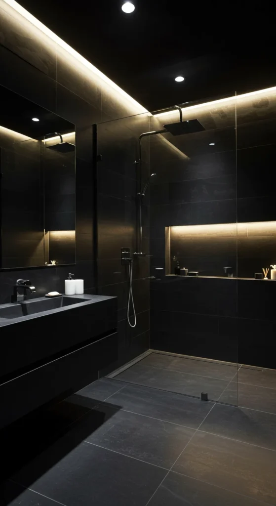 Black Bathroom With Floating Vanity