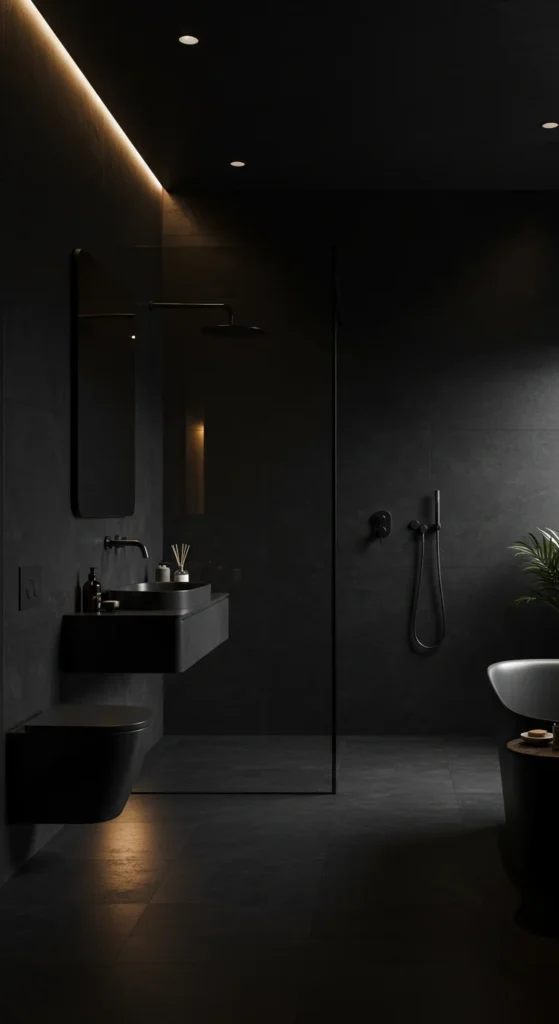 Black Bathroom With Frameless Glass Shower