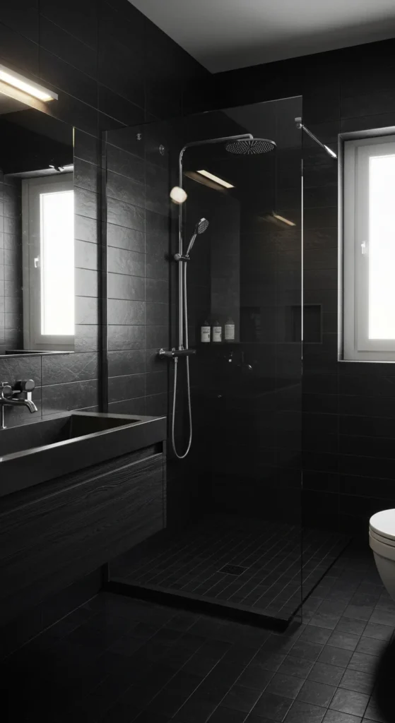 Black Bathroom With Glass Shower