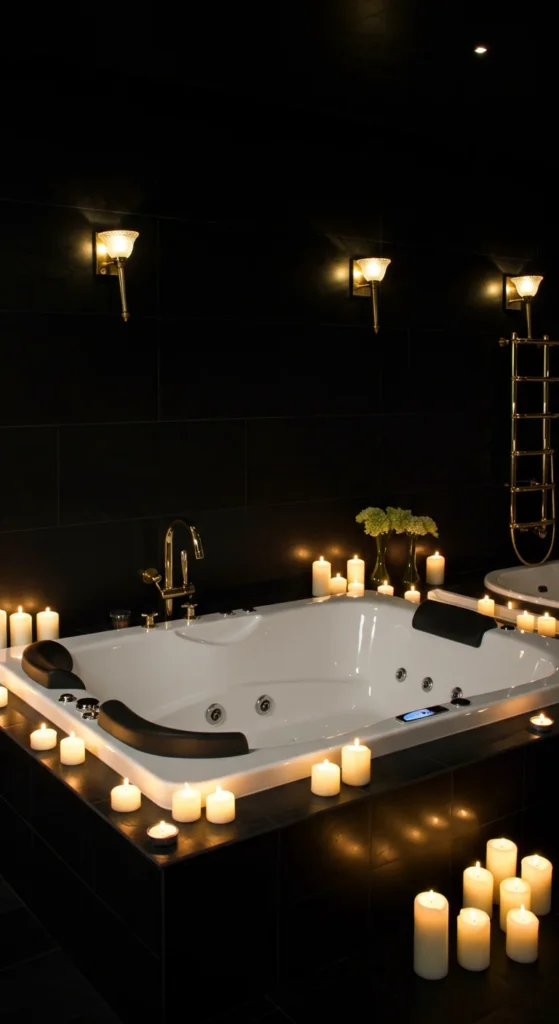 Black Bathroom With Jacuzzi, Candles, And Golden Accents