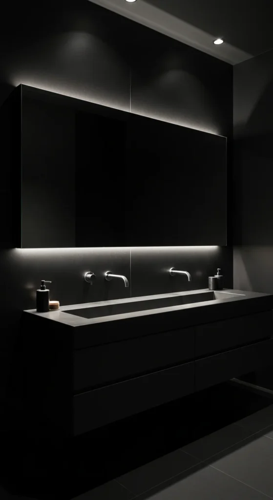 Black Bathroom With Large Frameless Mirror