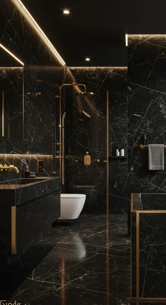 Black Marble Bathroom With Gold Fixtures
