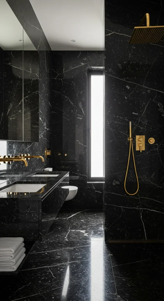 Black Marble Bathroom With Gold Fixtures, Modern Aesthetic