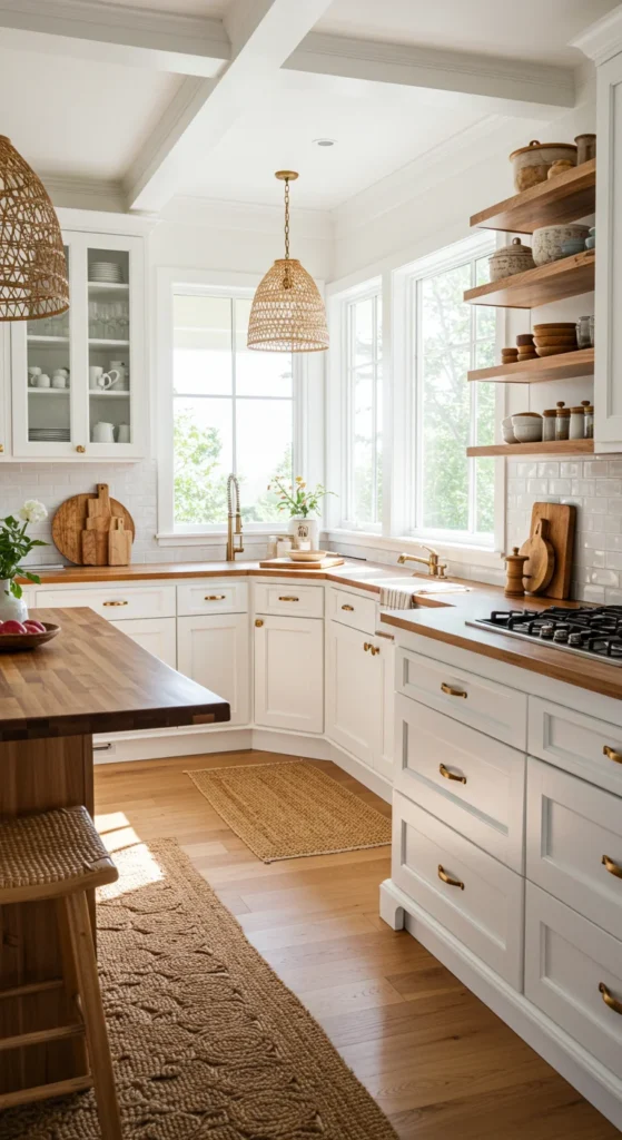 Boho Chic White Kitchen With Woven Elements