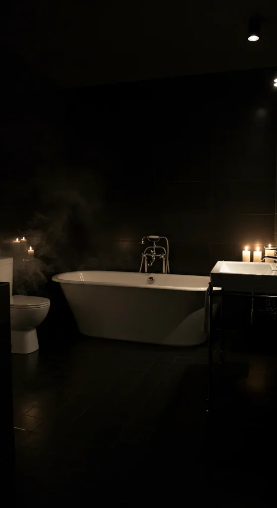 Candlelit Black Bathroom With Moody Shadows