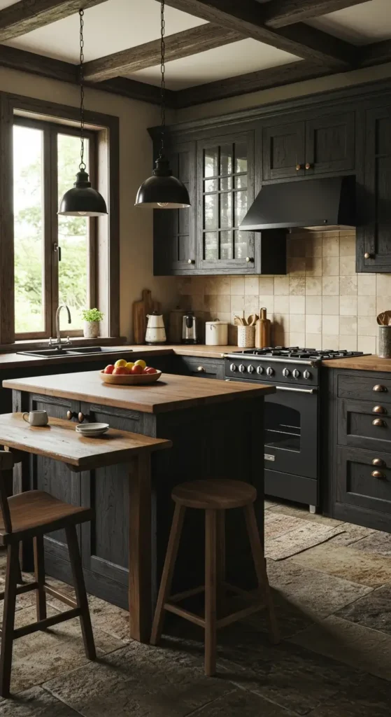Cozy Small Kitchen In Rustic Style, Dark Wood Textures