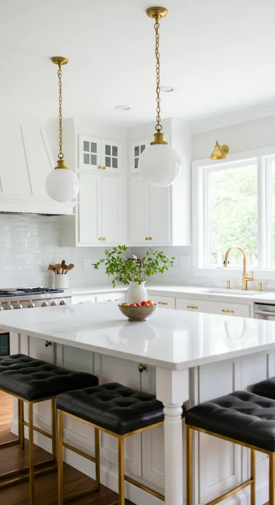 White Kitchen With Gold Fixtures And A Kitchen Island